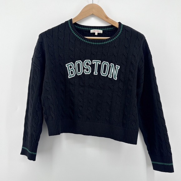 Stella Tweed Sweaters - Stella Tweed Cable Knit Boston Pullover Sweater Large Black Green Collegiate MA